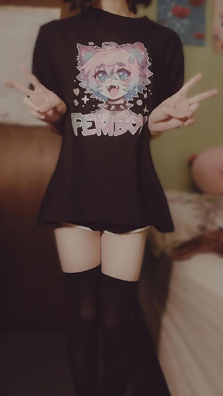 Black Graphic Tee with Pastel Anime Cat and Black Shorts Outfit