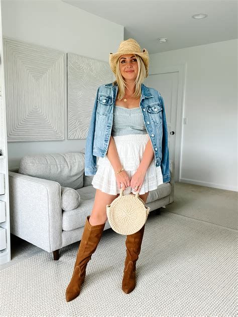 Boho Western Chic: Denim, Mini Skirt & Knee-High Boots