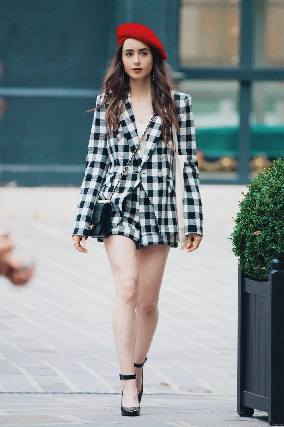 Chic Gingham Power Suit with Red Beret