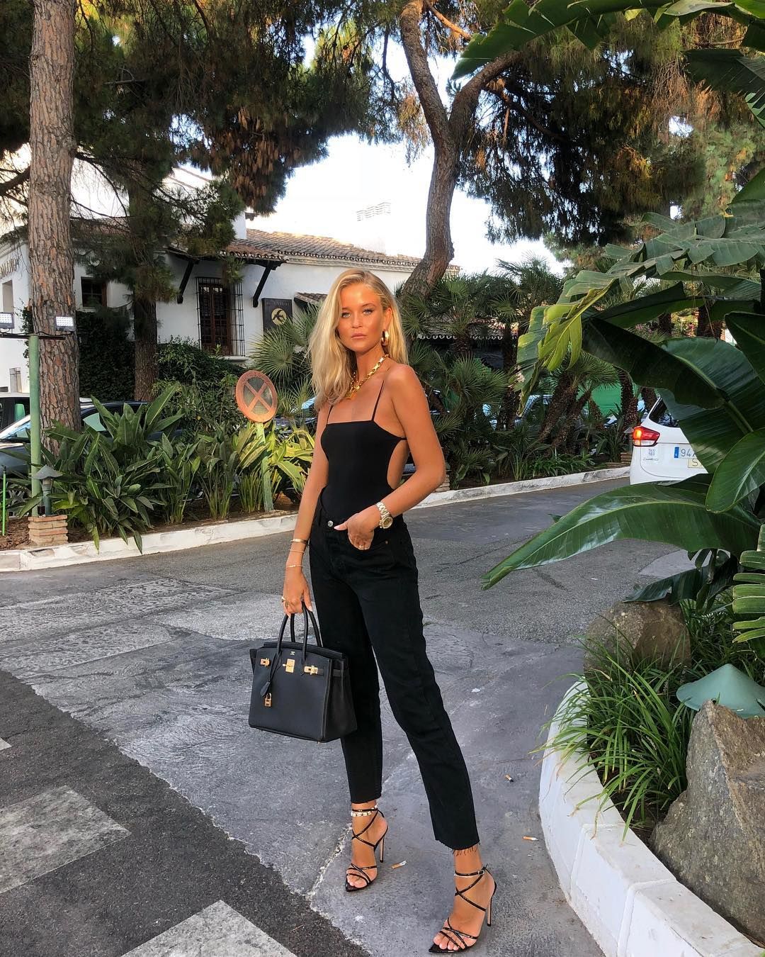 Miami Nights: Black Bodysuit & Strappy Heels