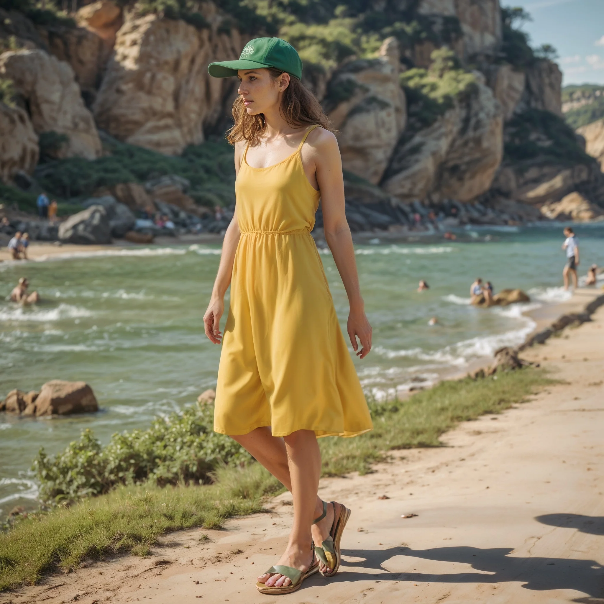 Sunny Day Stroll: Yellow Slip Dress with Baseball Cap