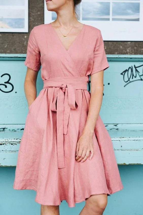 Pink Linen Wrap Dress Chic