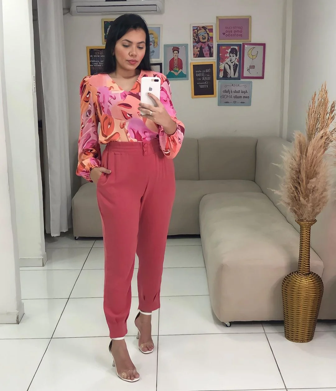Pink Power Play: Chic Abstract Blouse & Trousers