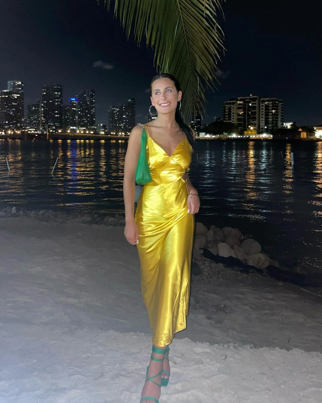 Miami Nights: Glimmering Gold Slip Dress & Green Accents