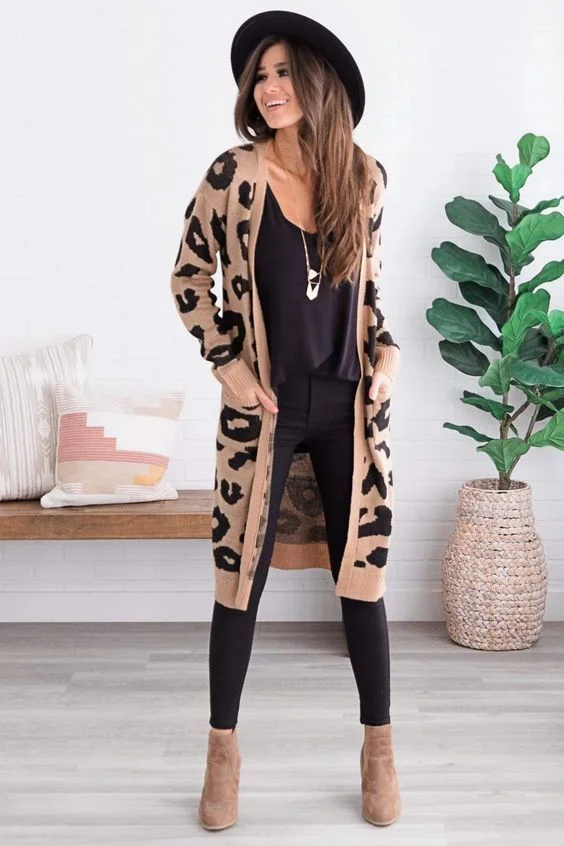 Leopard Print Cardigan & Black Denim Combo