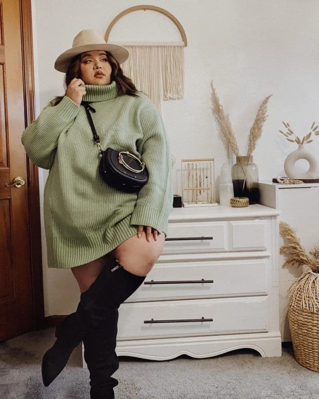 Chic Sage Green Sweater Dress with Over-the-Knee Boots