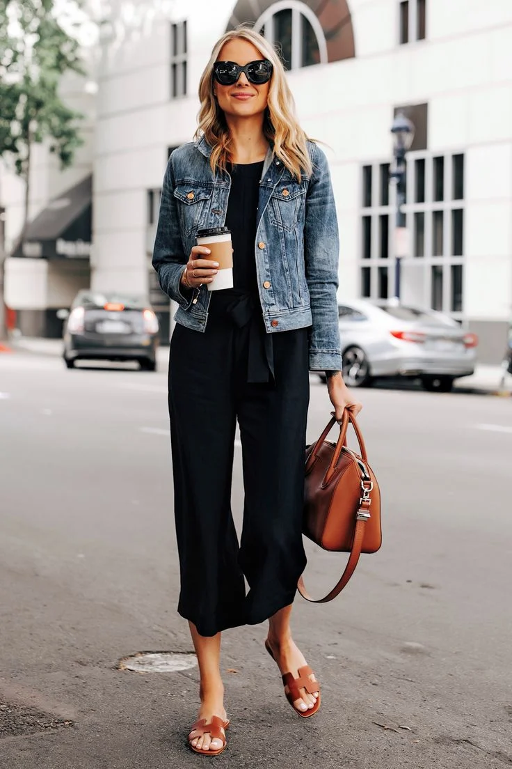 Denim Jacket & Black Jumpsuit Chic