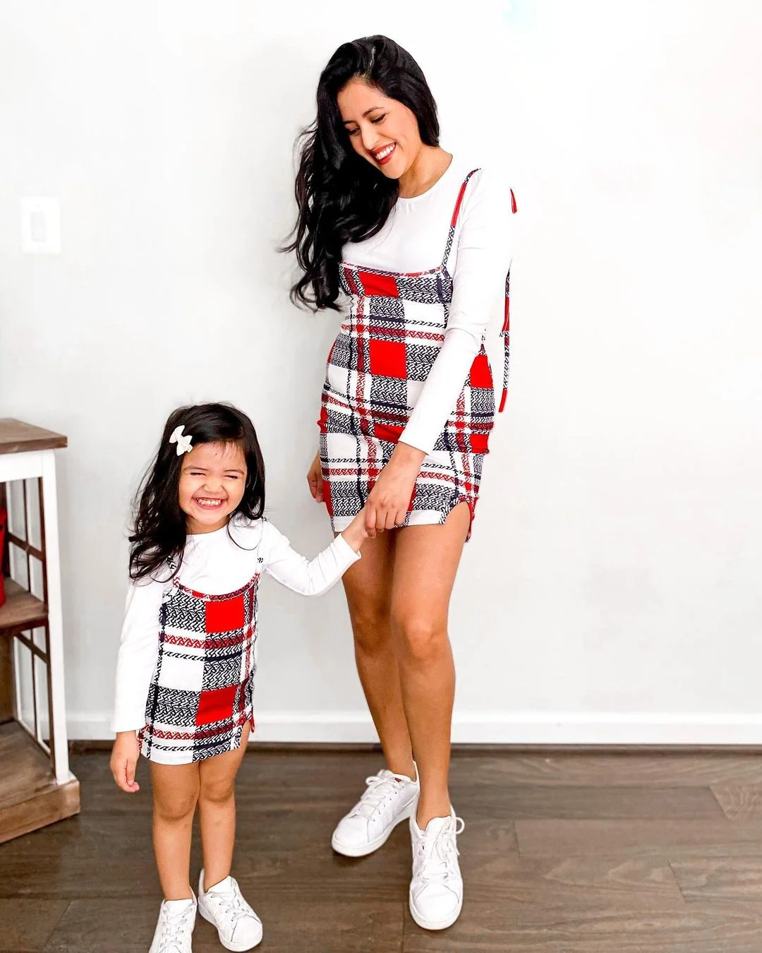 Twinning in Plaid Pinafore Dresses