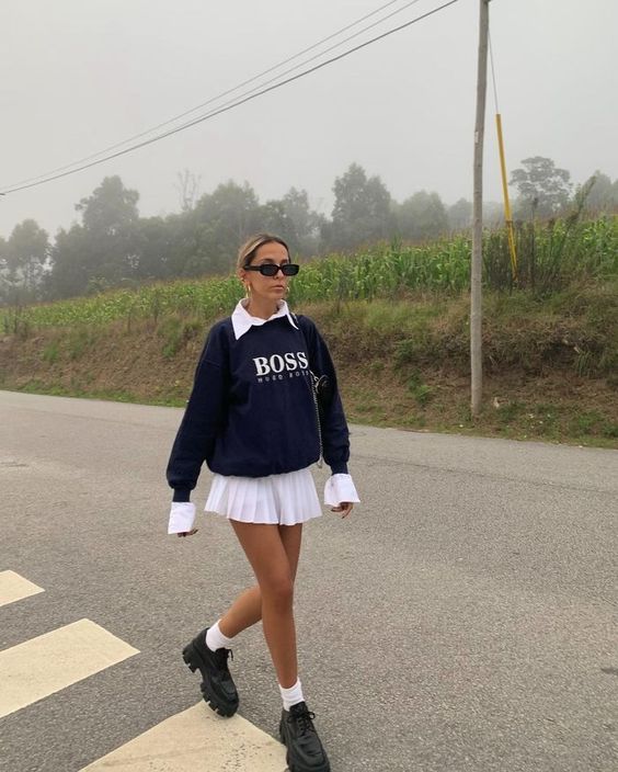 Preppy Chic: Boss Sweatshirt & Pleated Skirt Combo