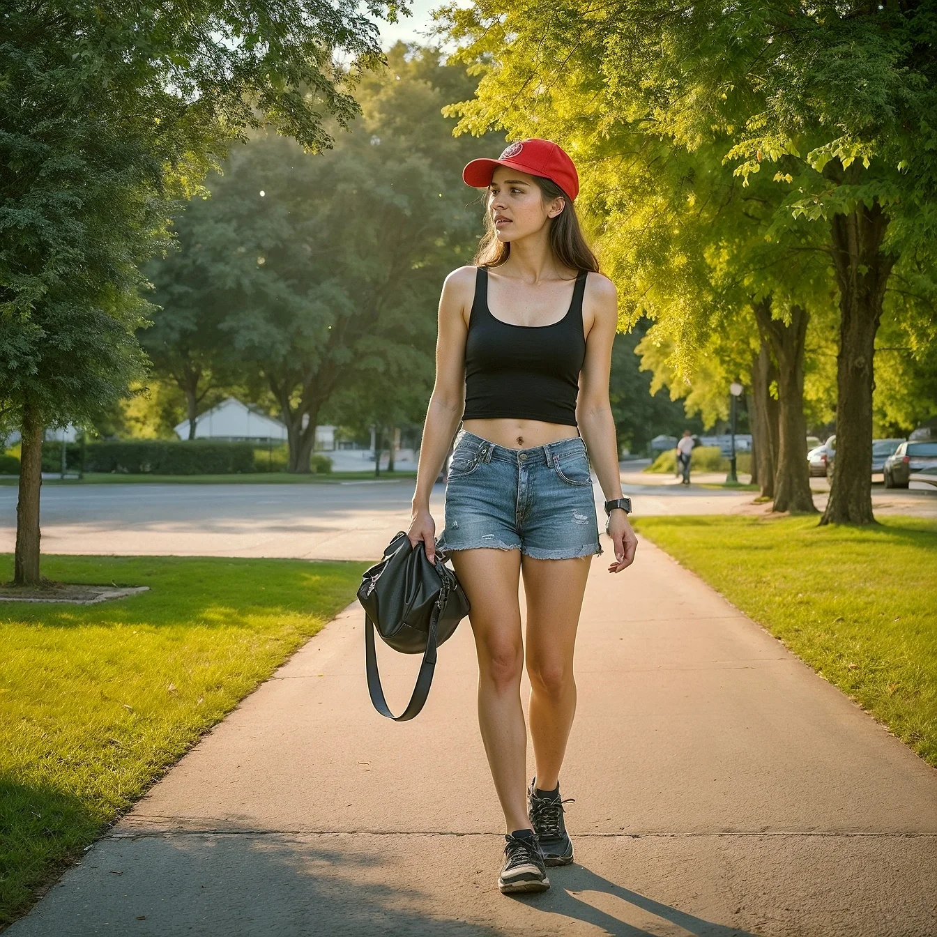 Red Hot Sporty Chic: Baseball Cap & Denim Shorts