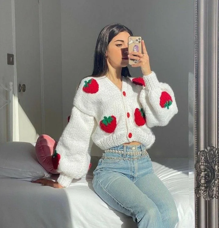 Sweet Strawberry Knit Cardigan & Jeans