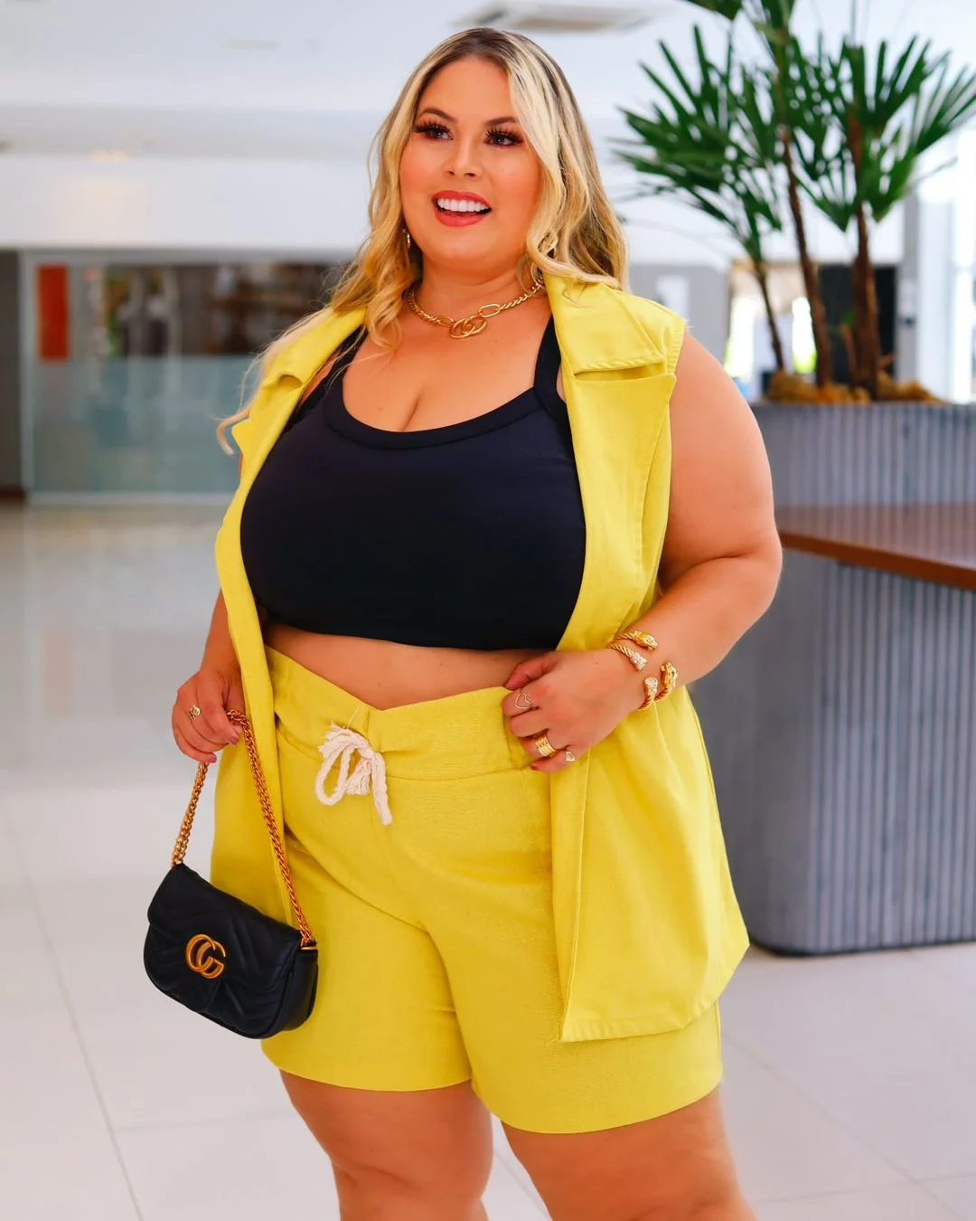 Sunshine Chic: Plus Size Yellow Shorts Set & Crop Top
