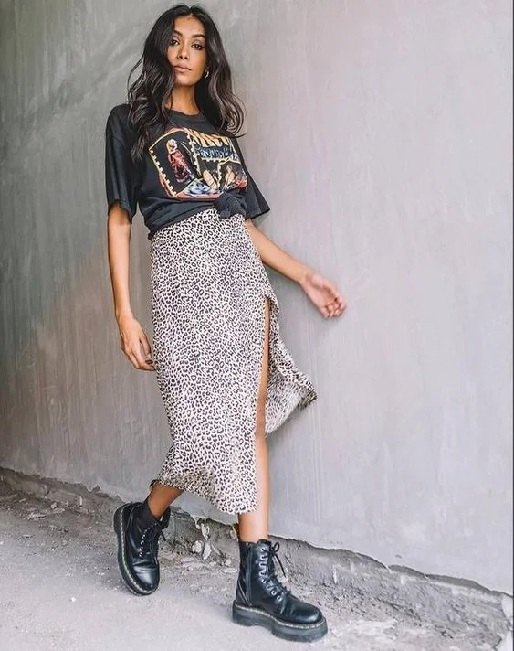 Edgy Leopard Midi Skirt & Band Tee College Look