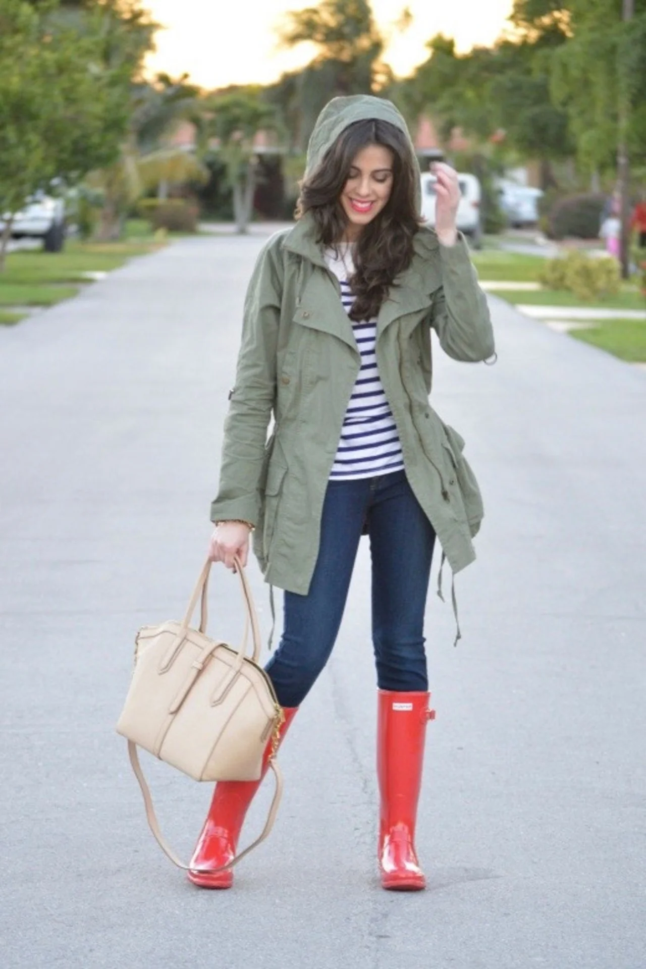 Rainy Day Chic: Olive Parka & Red Hunter Boots