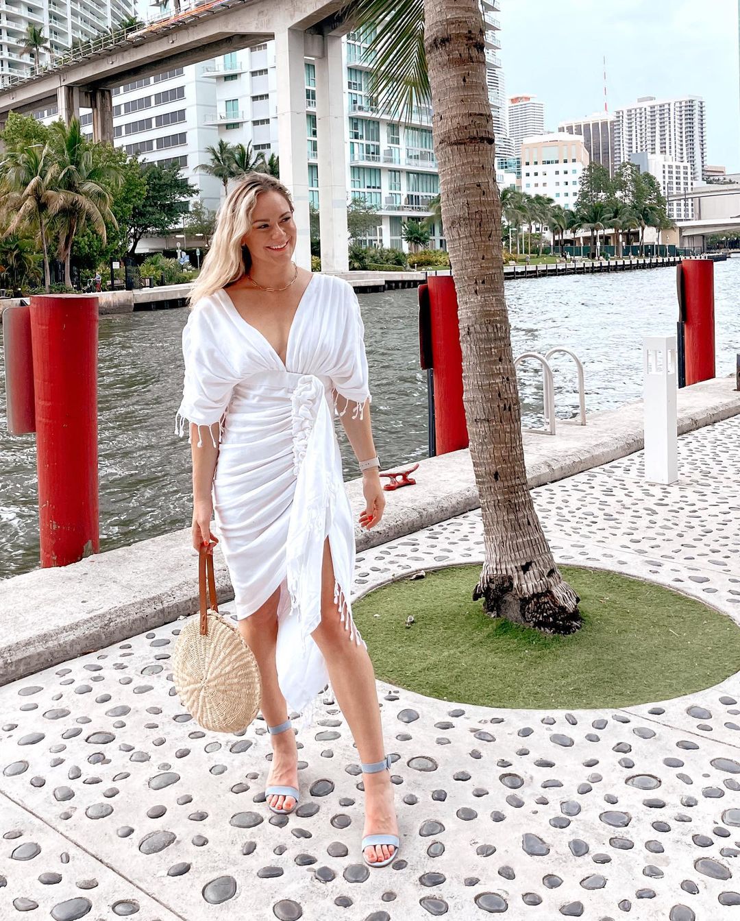 Miami Glam: White Fringe Dress & Woven Bag