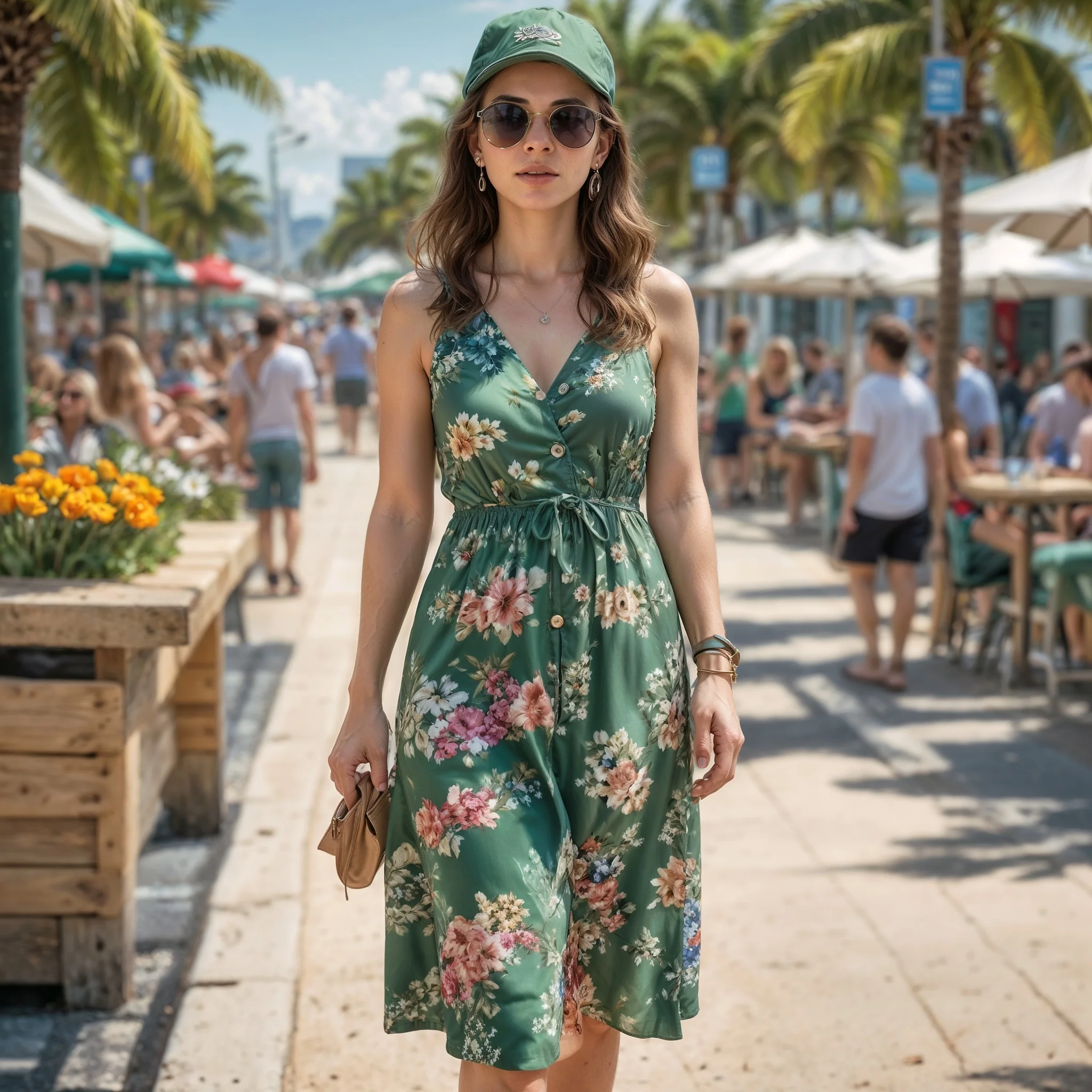 Floral Midi Dress & Baseball Cap: Sporty Casual Chic