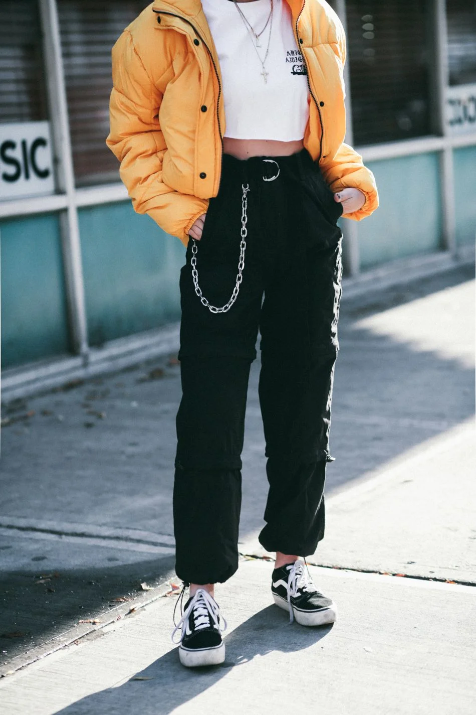 Skater Girl Edge: Yellow Puffer & Cargo Chic