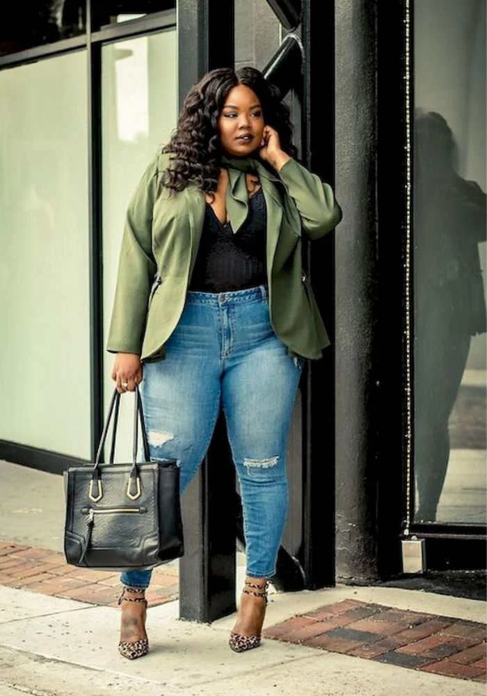 Confident Chic: Olive Blazer & Distressed Denim