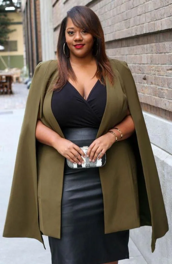 Chic & Confident: Plus Size Cape Blazer & Faux Leather Skirt