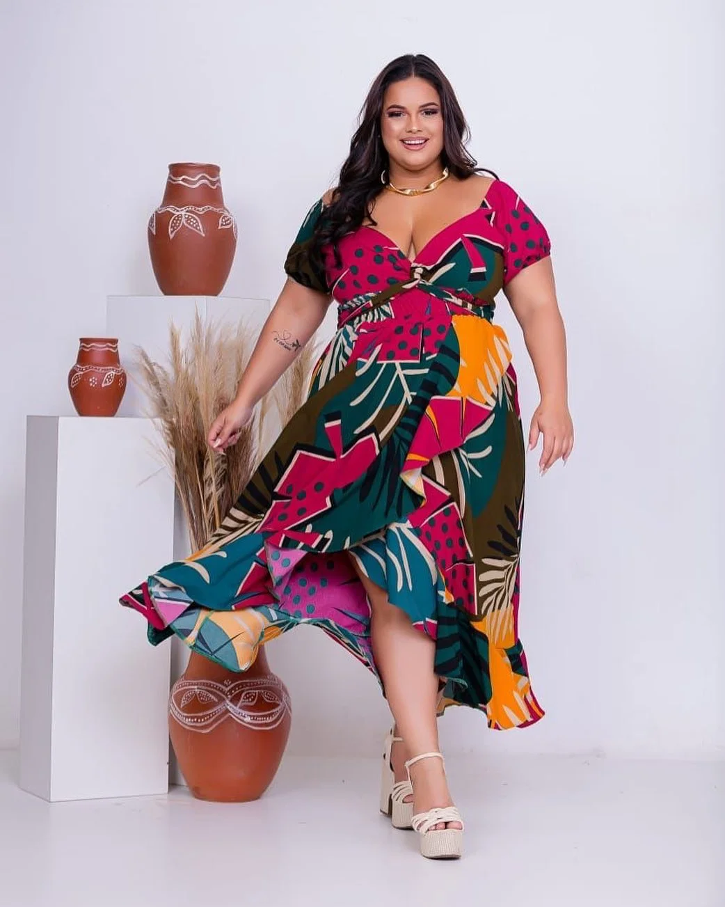 Vibrant Plus Size Tropical Wrap Dress for Summer