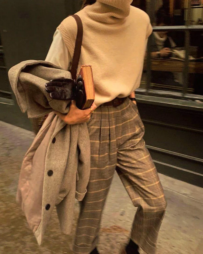 Preppy Academia Chic: Turtleneck Vest & Plaid Trousers