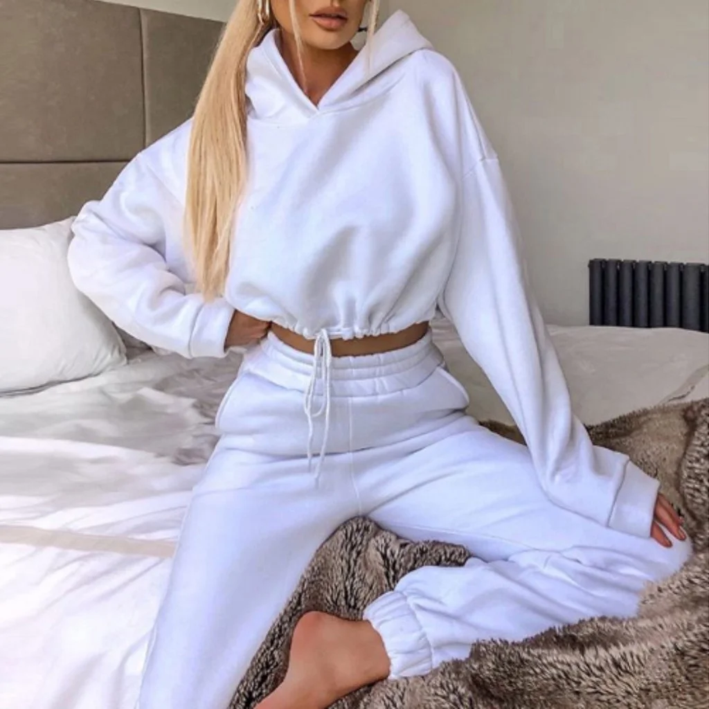 Crisp White Cropped Hoodie & Joggers Set