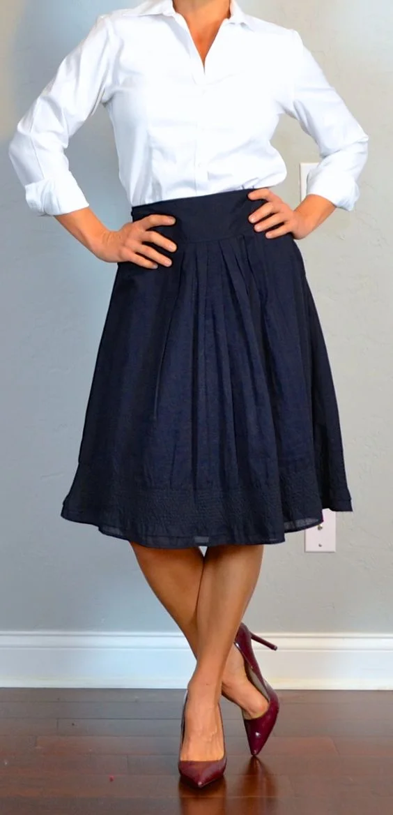 Classic Chic: Pleated Midi Skirt & White Button-Down
