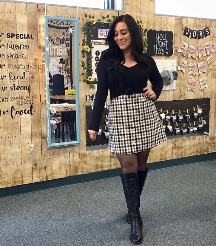 Chic Teacher Style: Plaid Skirt & Knee-High Boots