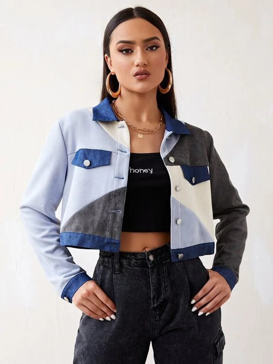 Color Block Cropped Denim Jacket & Cargo Jeans