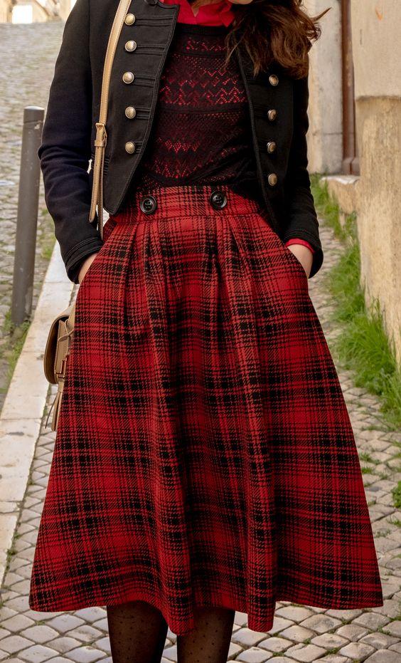 Red Plaid Skirt & Military Jacket Duo
