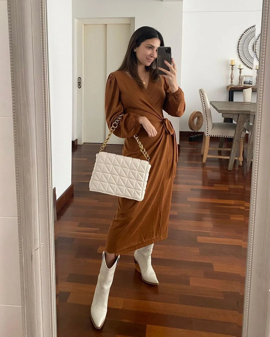 Winter Warmth: Earthy Wrap Dress & Western Boots