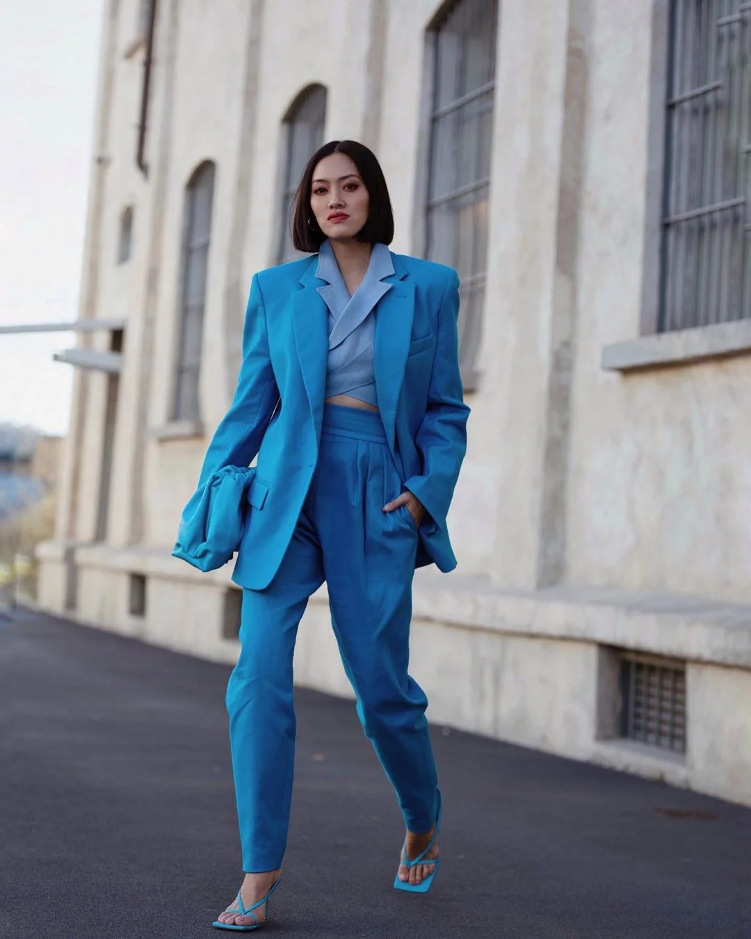 Blue monochromatic blazer outfit