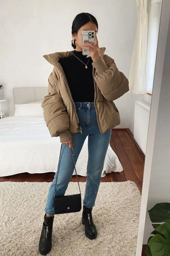 Campus Chic: Puffer Jacket & Jeans Outfit