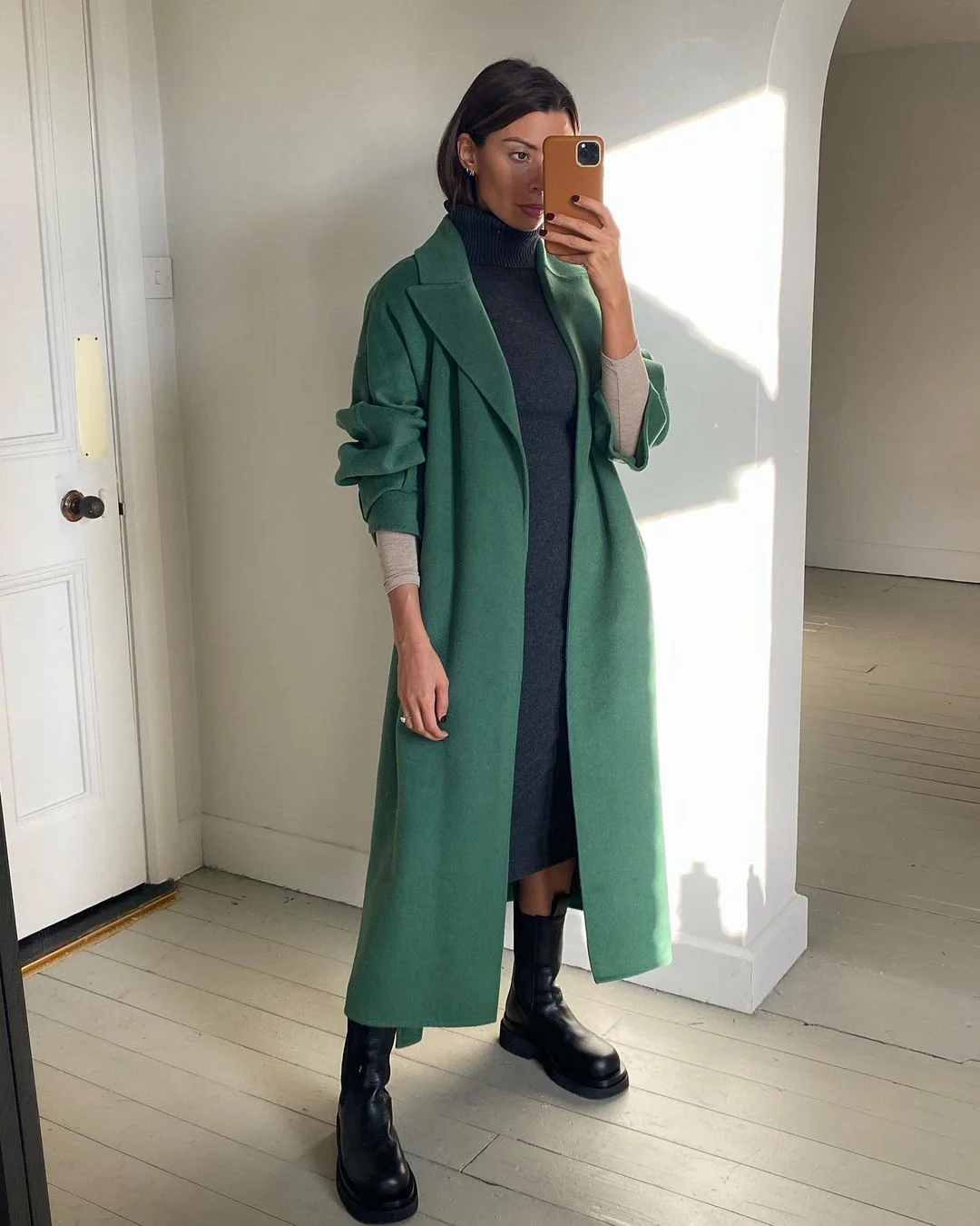 Collegiate Chic: Green Coat & Turtleneck Dress