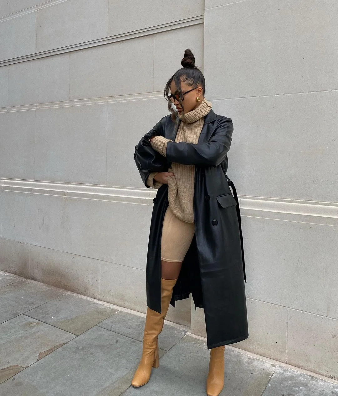 Chic Ribbed Biker Shorts & Trench Coat Combo