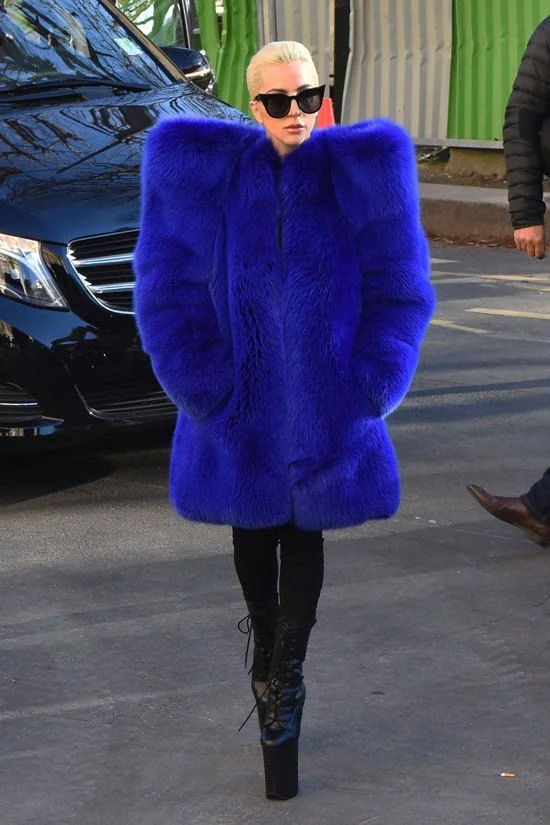 Lady Gaga's Iconic Cobalt Fur & Pleaser Boots Look