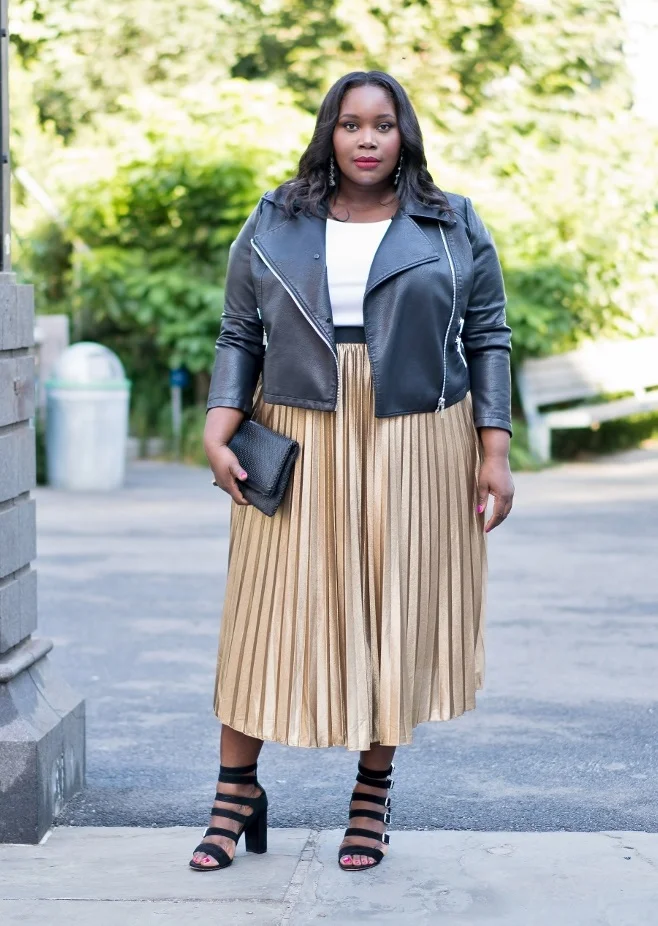 Edgy Glam: Plus Size Gold Pleated Skirt & Moto Jacket
