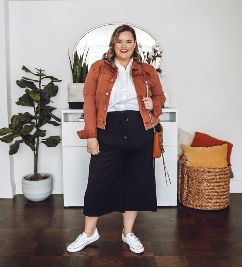 Comfy Chic: Plus Size Crop Pants & Rust Jacket