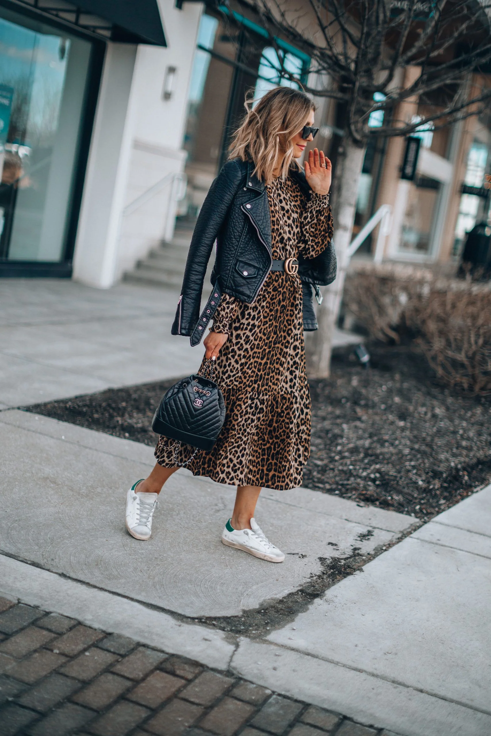 Leopard Print Dress & Leather Jacket Fall Vibe