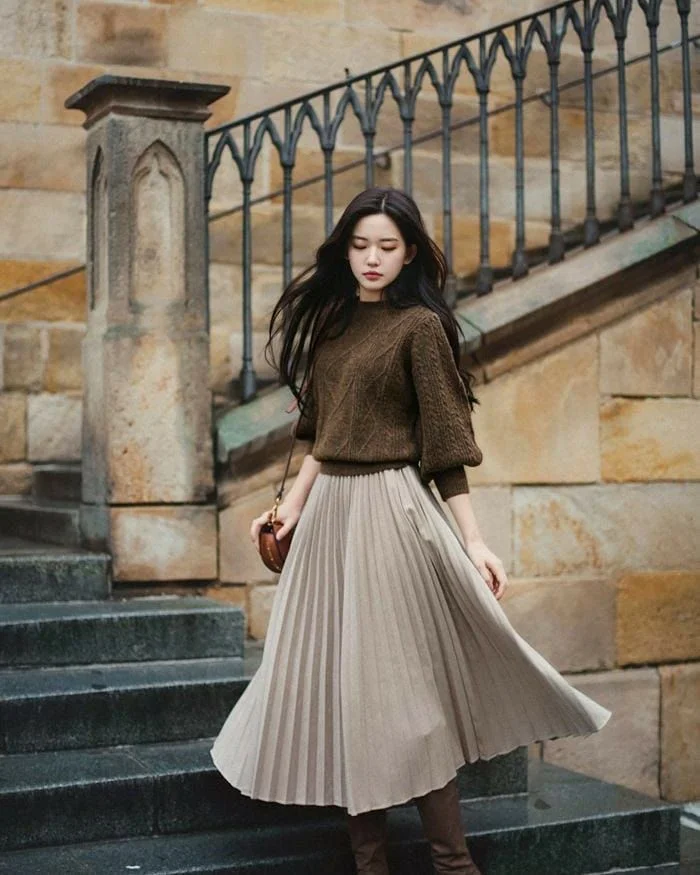 Chic Autumn Neutrals: Knit Sweater & Pleated Skirt Combo
