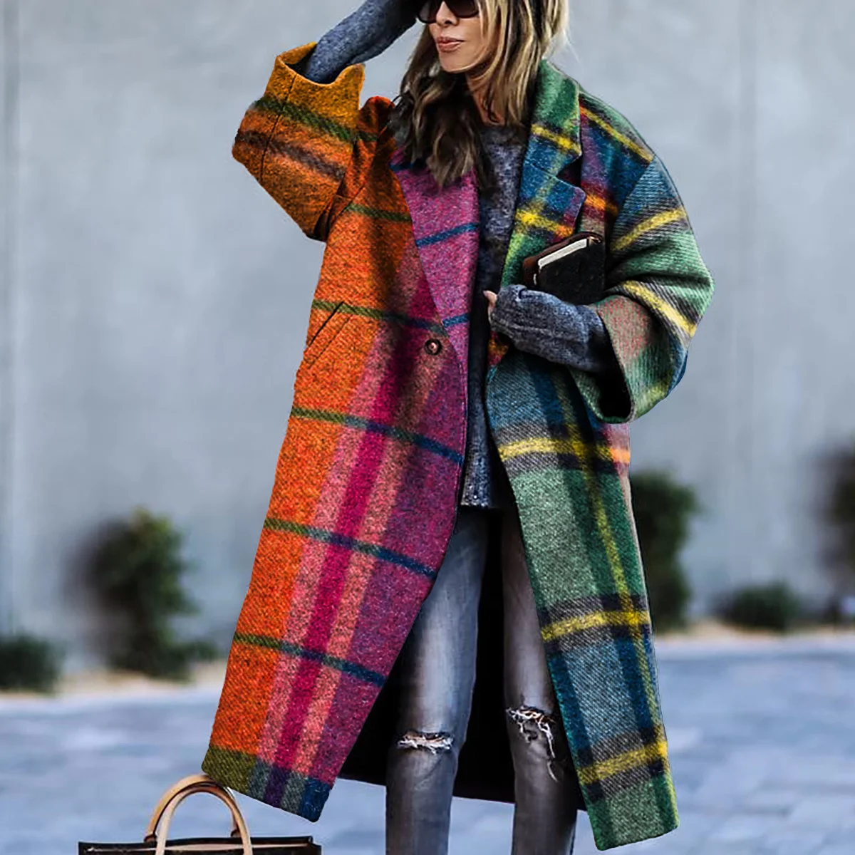Vibrant Plaid Patchwork Coat & Ripped Jeans